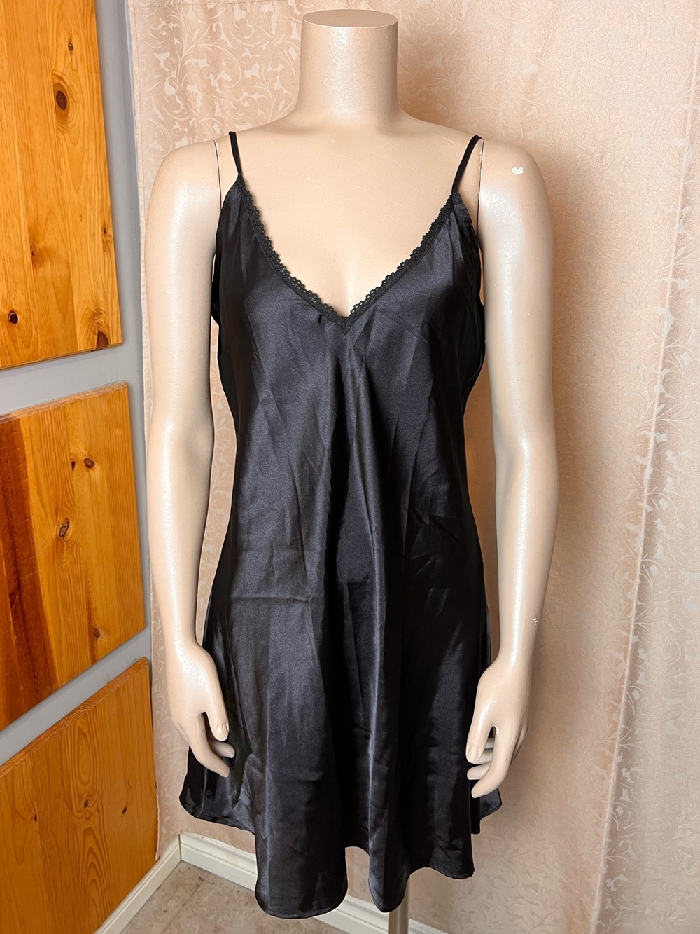 GEORGE Black Satin Flowy Lingerie Slip Dress with Lace Trim - Sz L